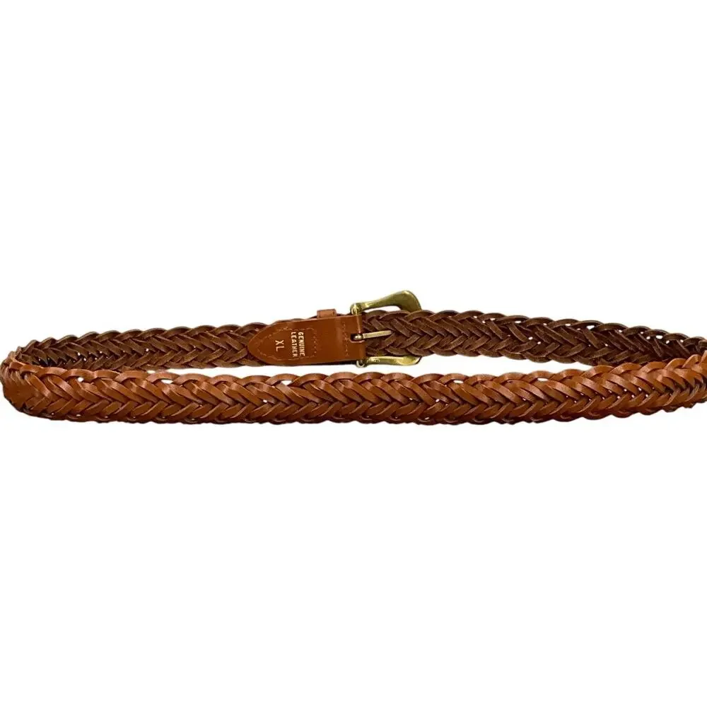Brown Genuine Leather Braided Belt Brass Buckle Women 34”-38”